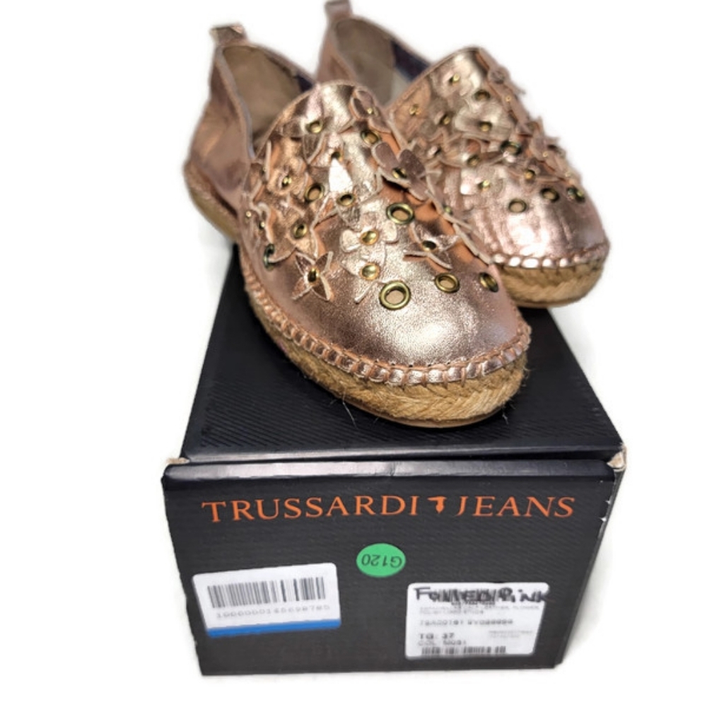 Trussardi Jeans Espadrillas Shoe Leather Flower Foiled Pink Size Eu 37